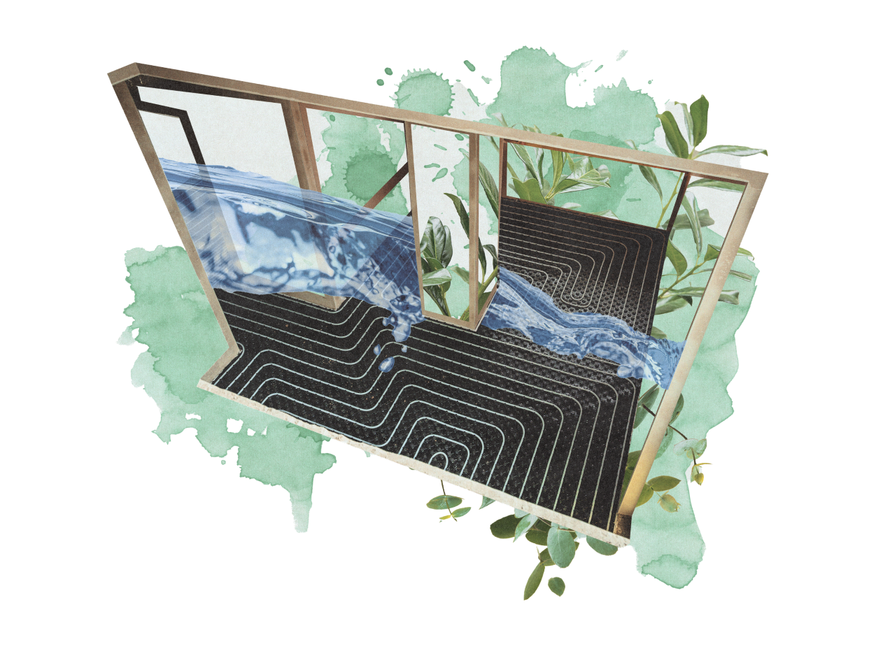 Wizualizacja ogrzewania podłogowego wodnego — przekrój z pętlami rur grzewczych rozprowadzonymi w warstwie podłogi