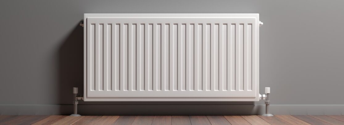 Grzejnik, drewniana podłoga, szara ściana w tle, ilustracja 3D